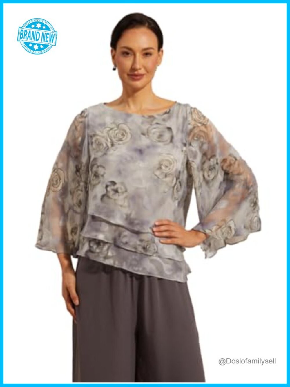 Floral Chiffon Blouse with Bell Sleeves and Layered Ruffle Hem